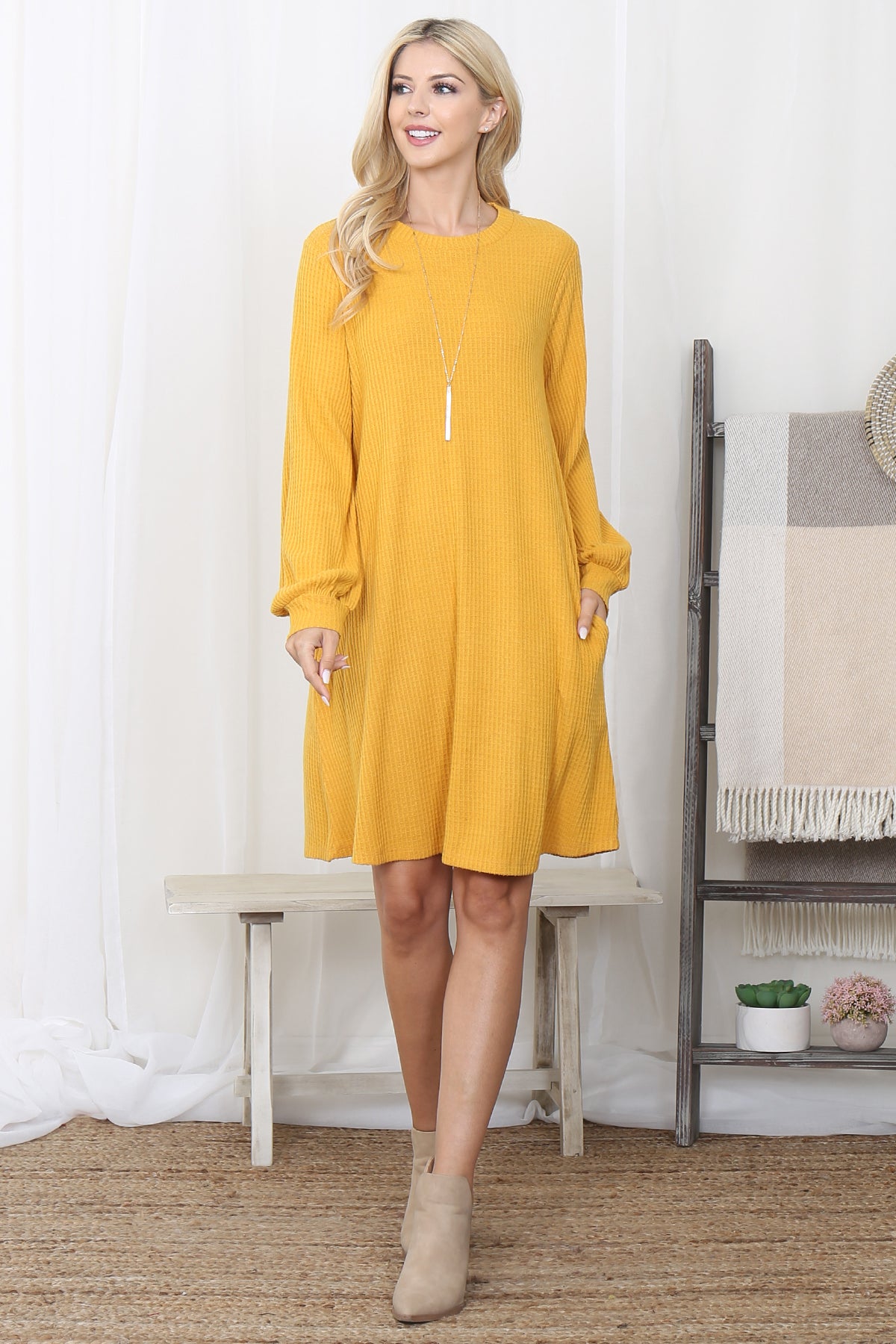 Brushed Waffle Long Sleeve Swing Dress