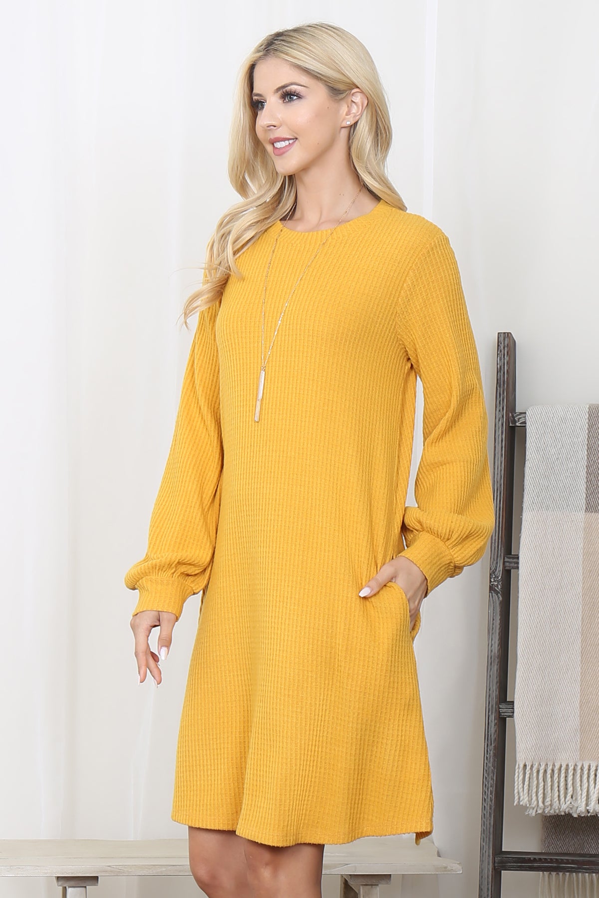 Brushed Waffle Long Sleeve Swing Dress