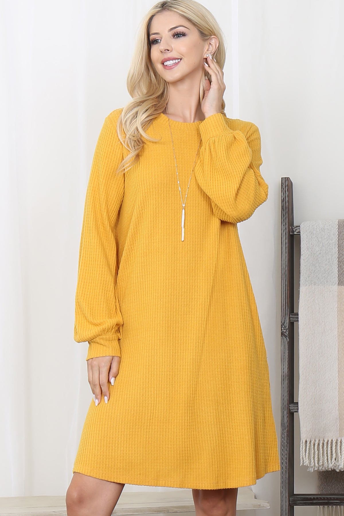 Brushed Waffle Long Sleeve Swing Dress