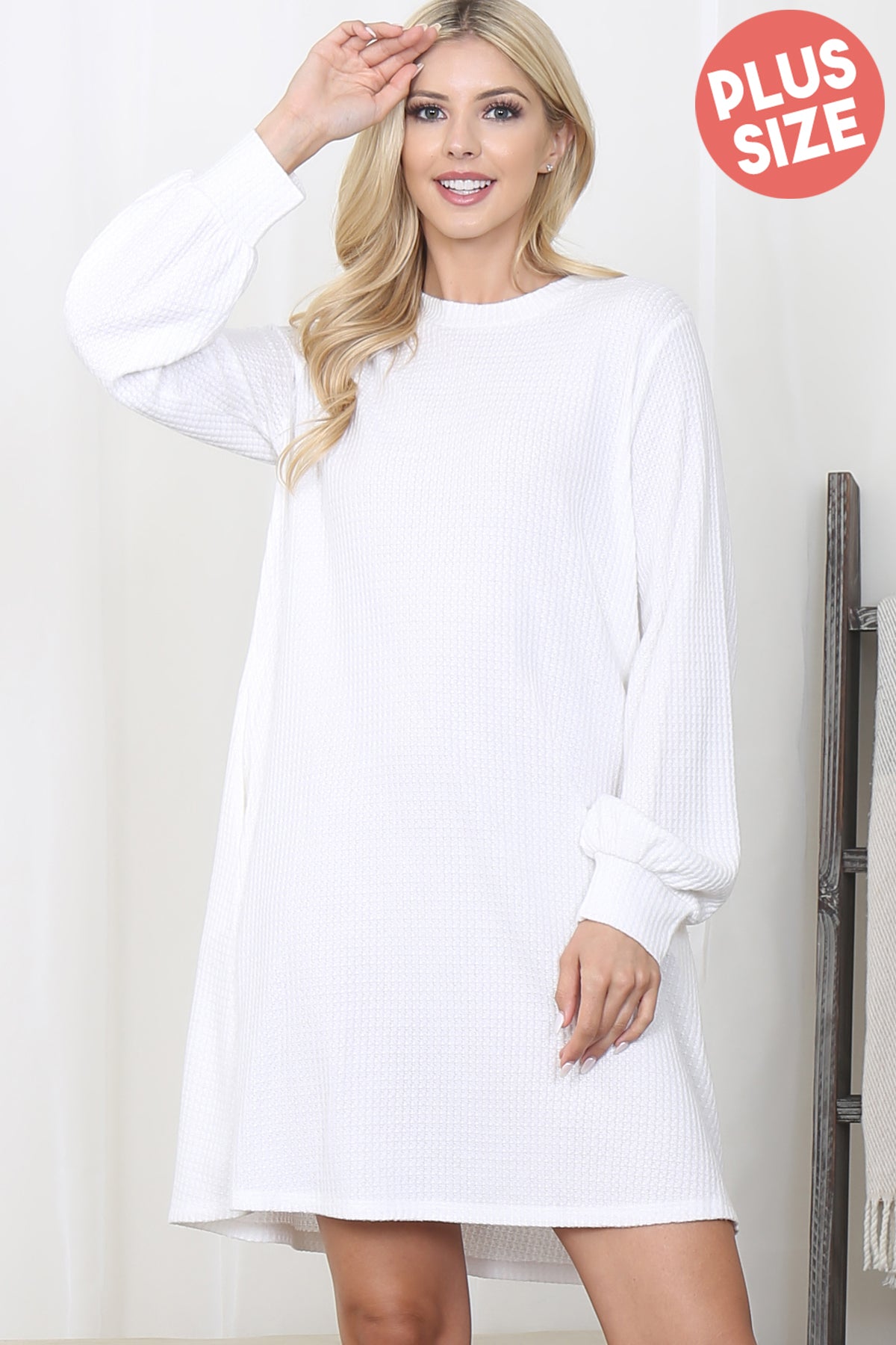 Plus Size Brushed Waffle Long Sleeve Swing Dress