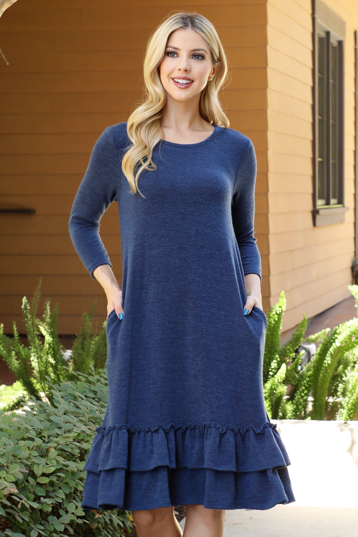 Long Sleeve Ruffle Hem Pocket Dress