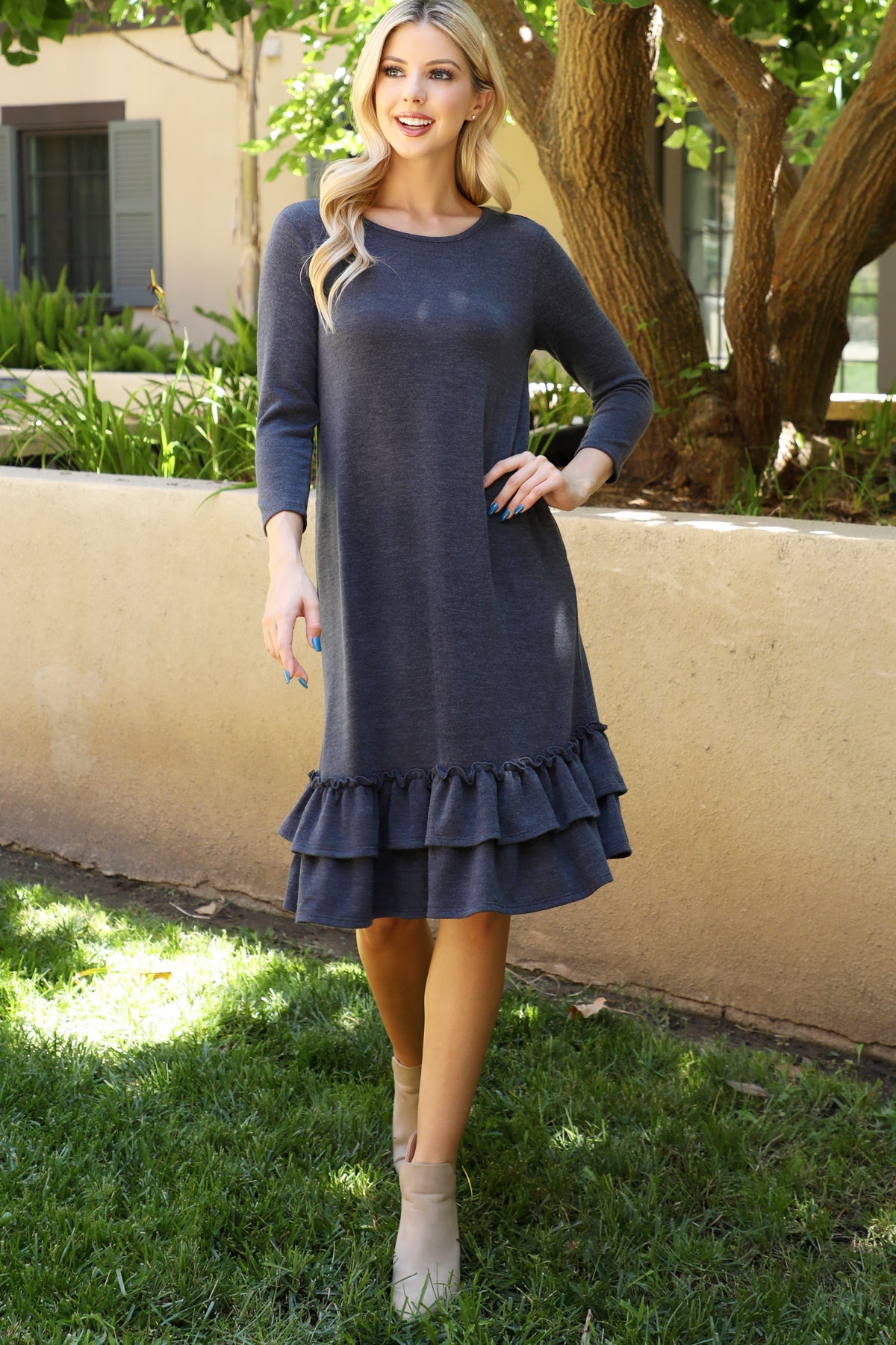 Long Sleeve Ruffle Hem Pocket Dress