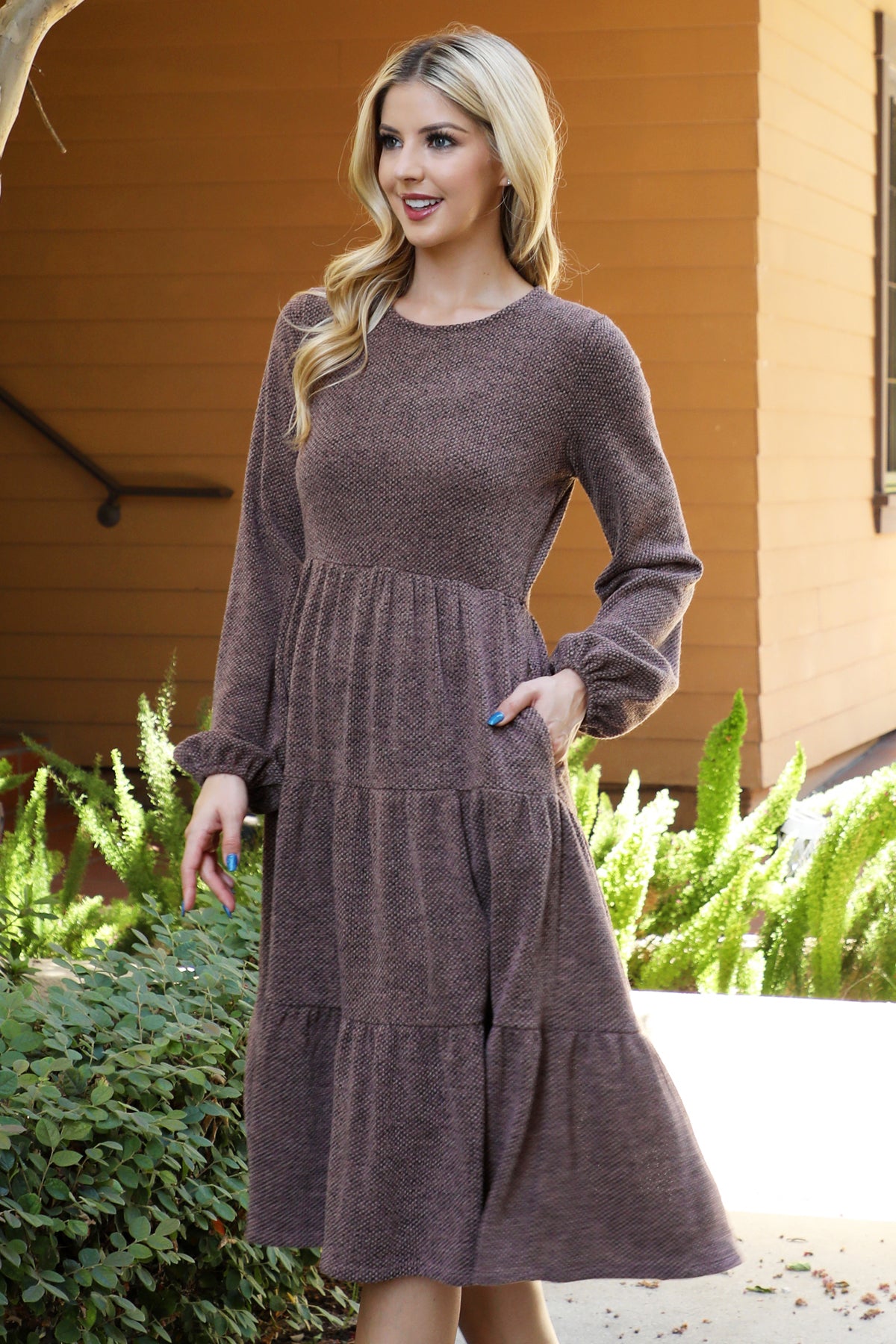 Long Sleeve Tiered Midi Dress with Pockets