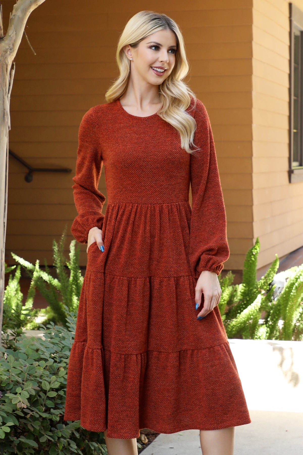Long Sleeve Tiered Midi Dress with Pockets
