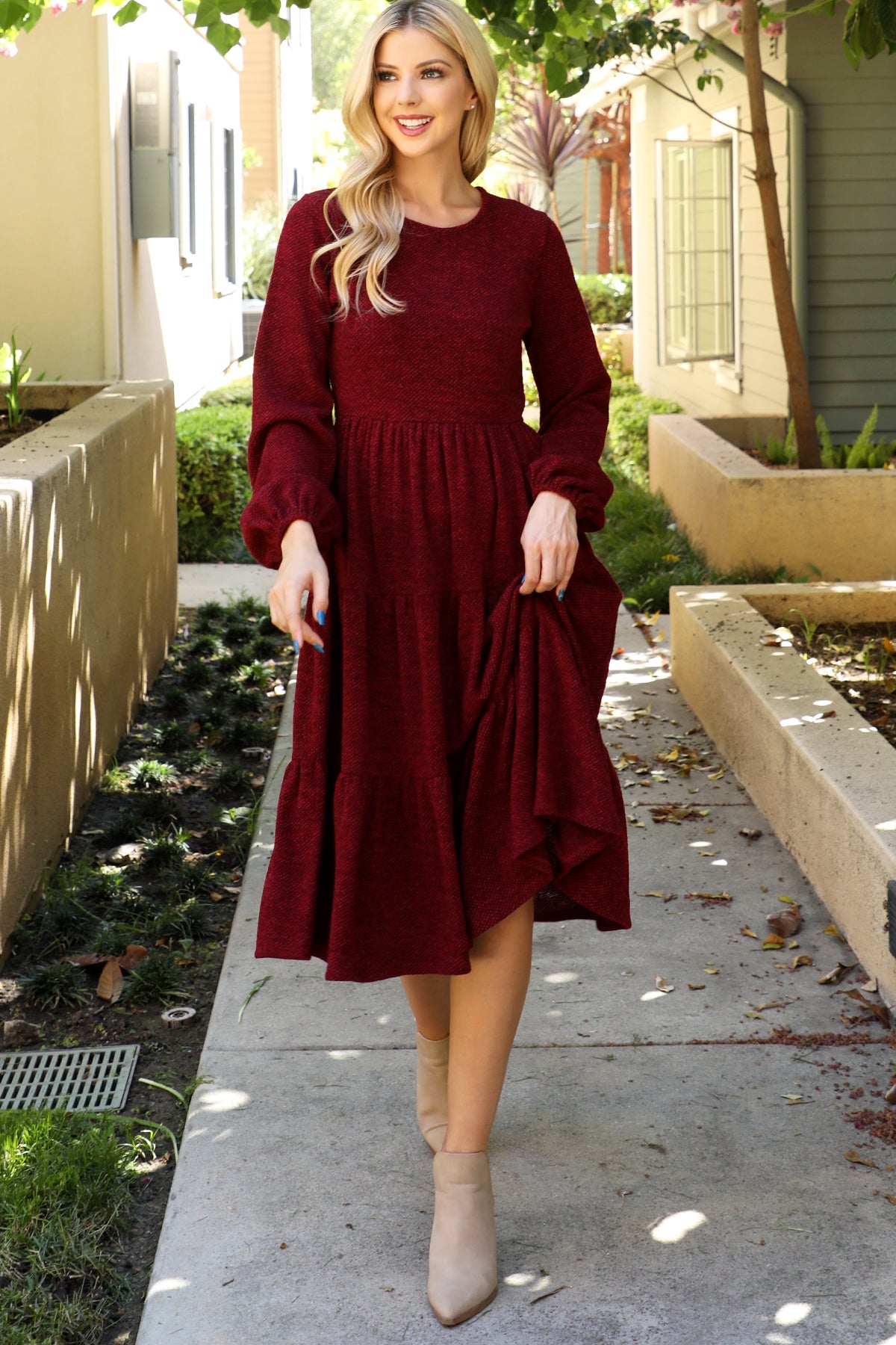 Long Sleeve Tiered Midi Dress with Pockets