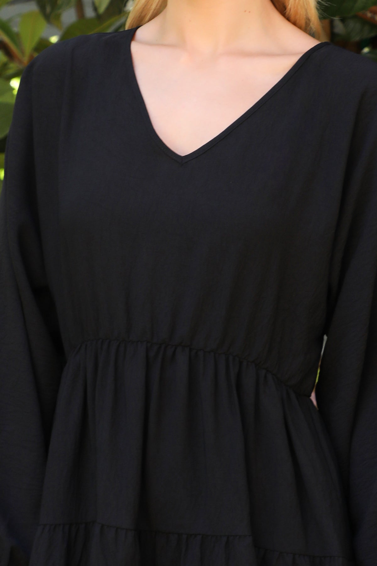 Plus Size Long Sleeve V-Neck Tiered Mini Dress