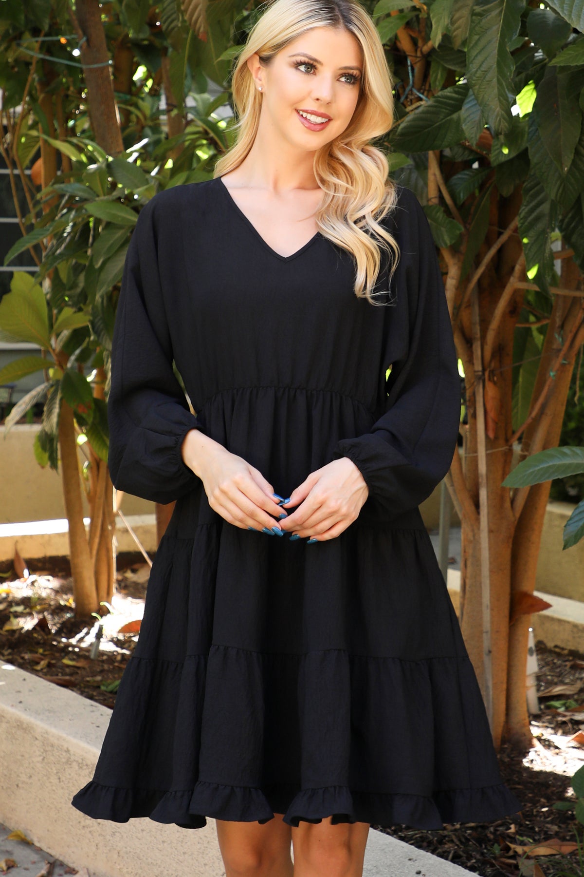 Long Sleeve V-Neck Tiered Mini Dress