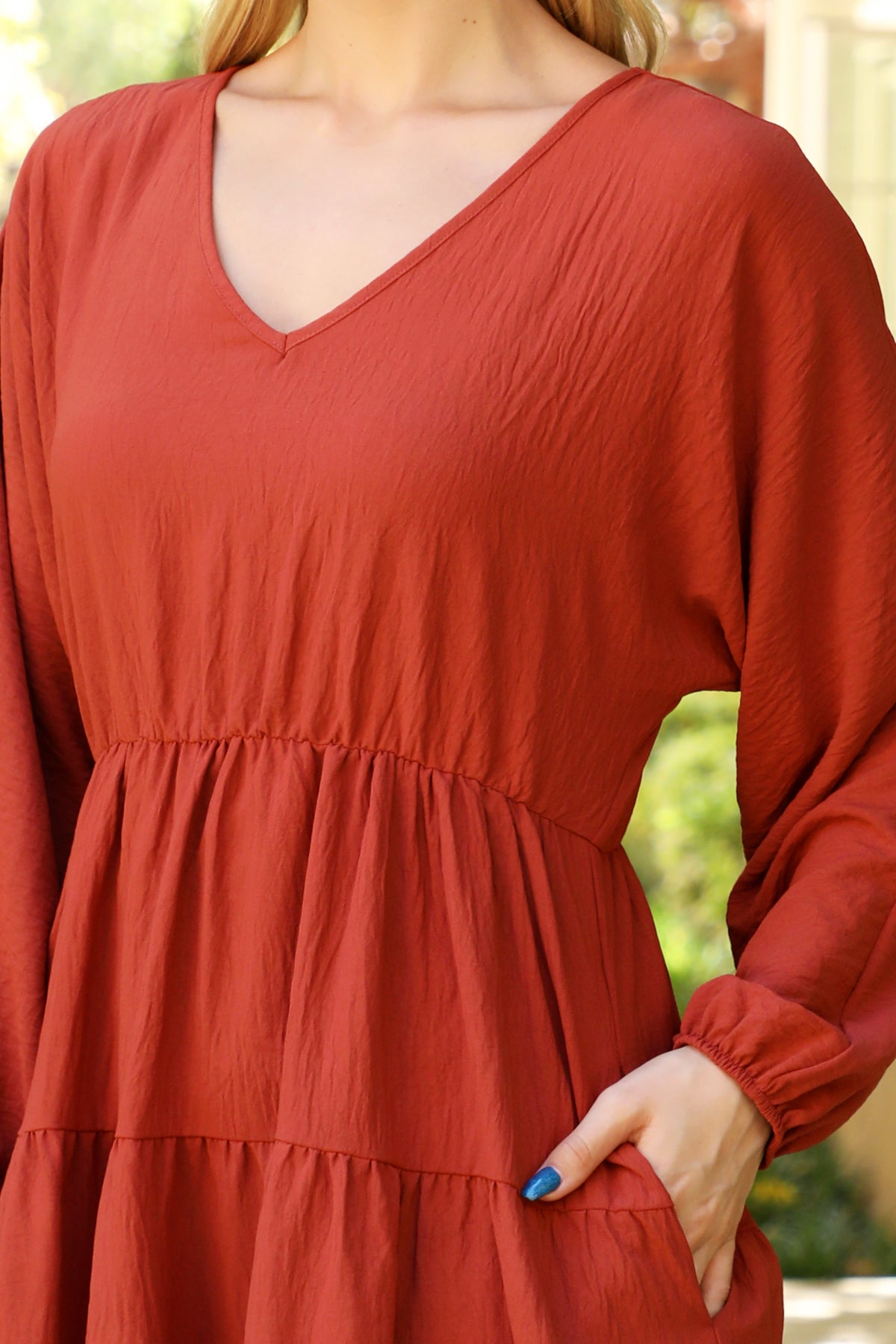 Plus Size Long Sleeve V-Neck Tiered Mini Dress