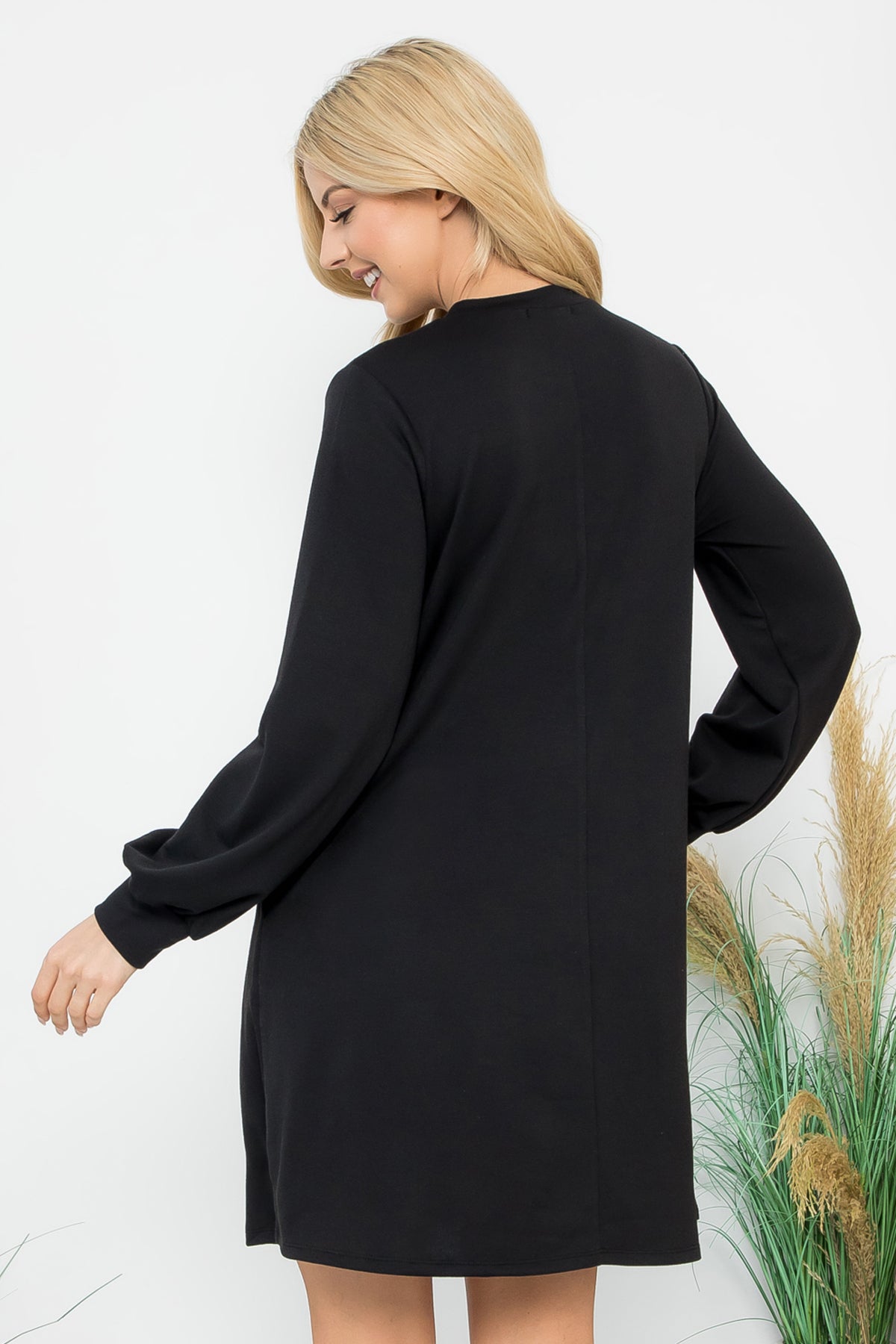 Long Sleeve Crew Neck Mini Dress with Pockets