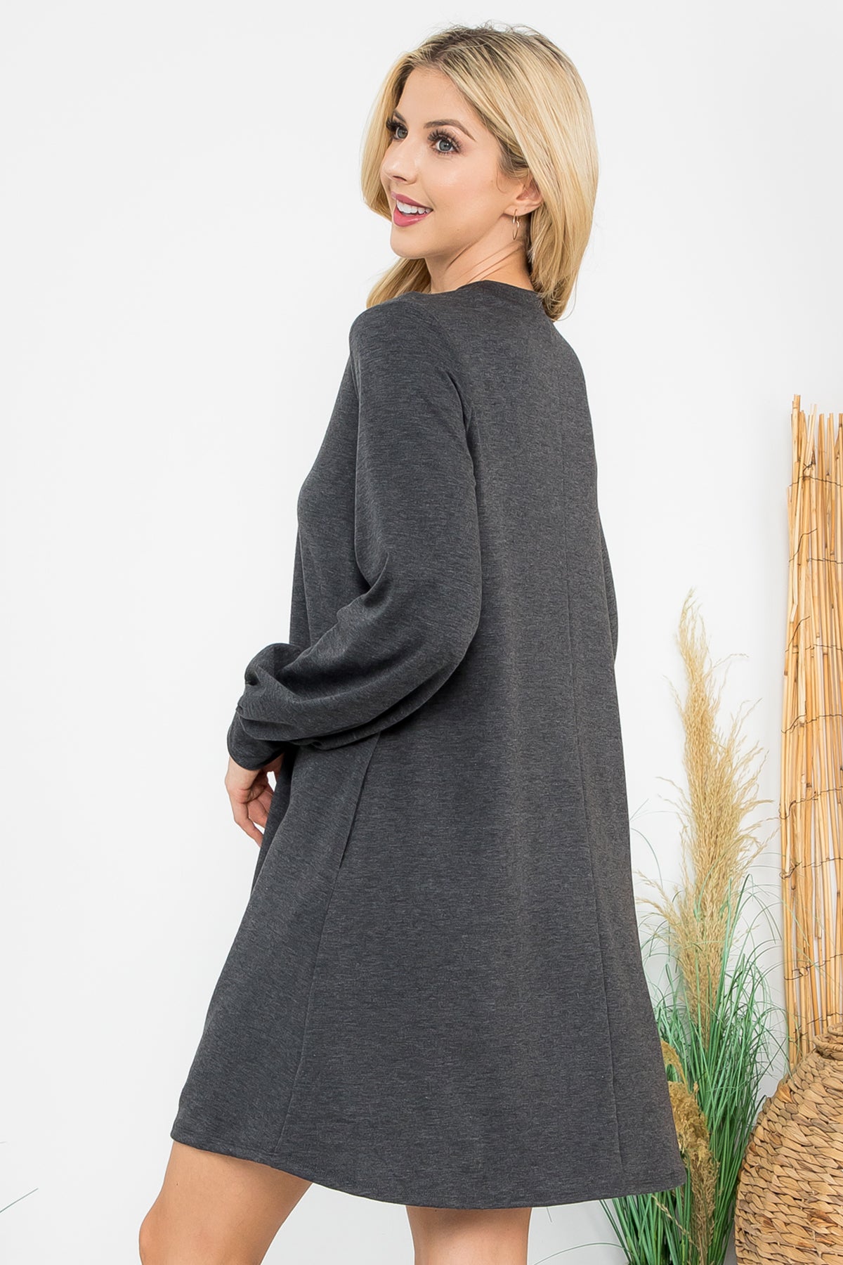 Long Sleeve Crew Neck Mini Dress with Pockets