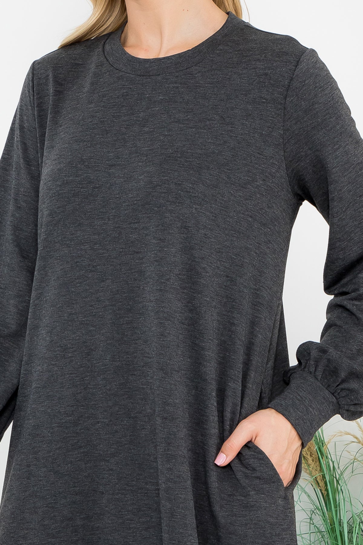Long Sleeve Crew Neck Mini Dress with Pockets