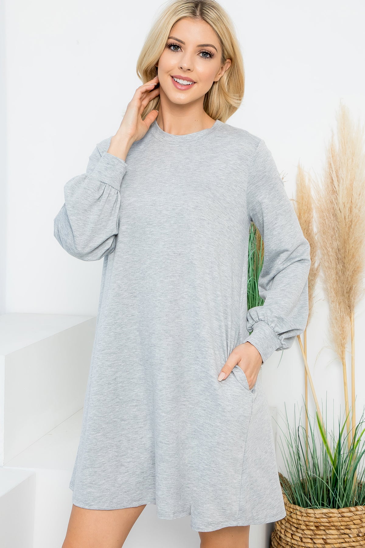 Long Sleeve Crew Neck Mini Dress with Pockets