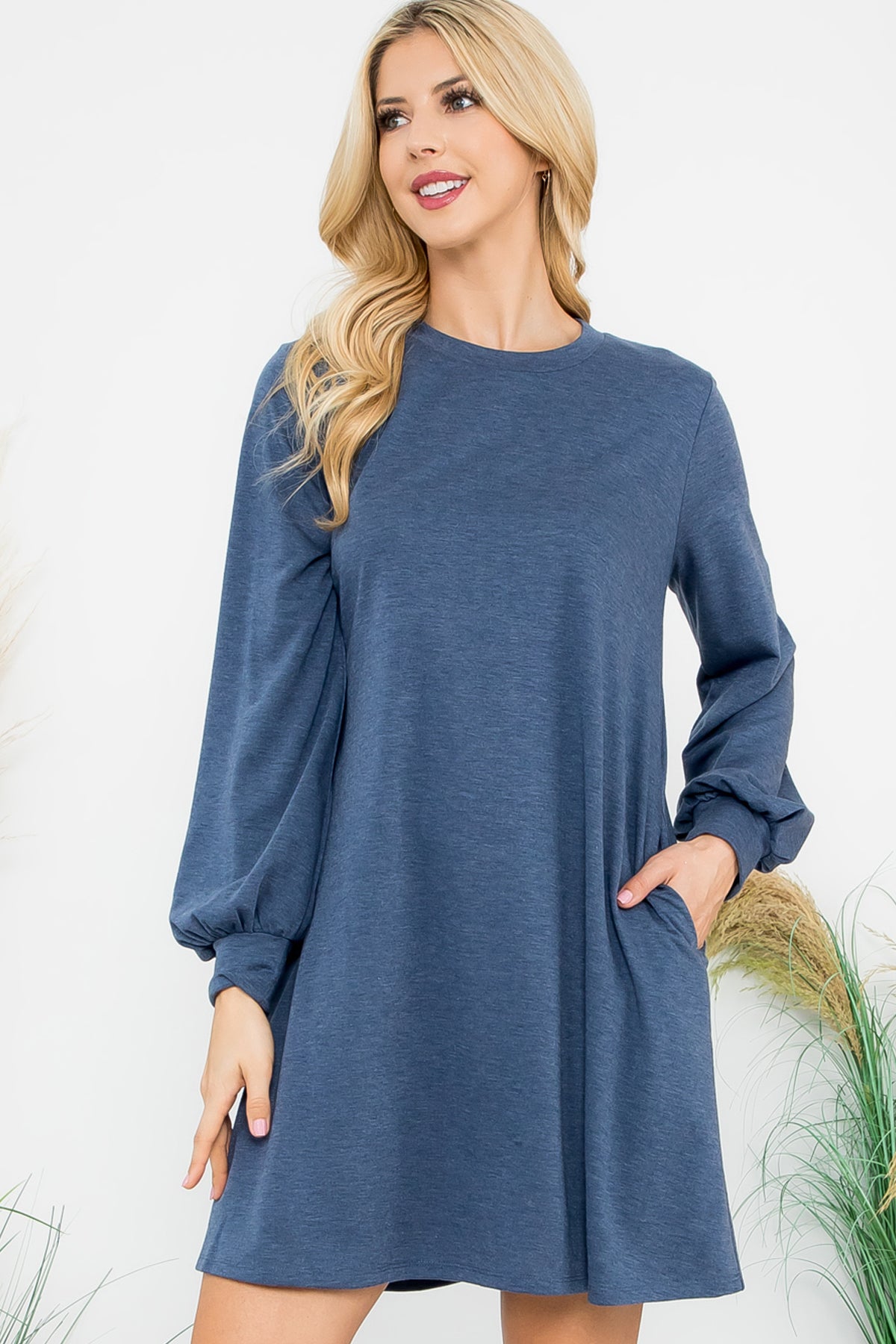 Long Sleeve Crew Neck Mini Dress with Pockets