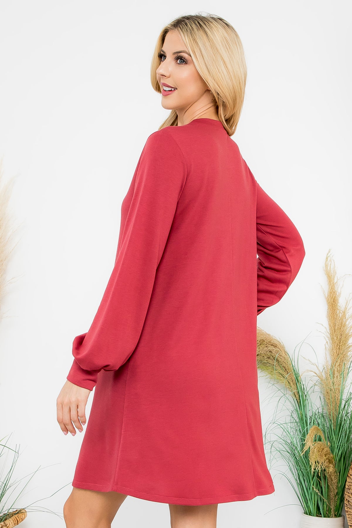 Long Sleeve Crew Neck Mini Dress with Pockets