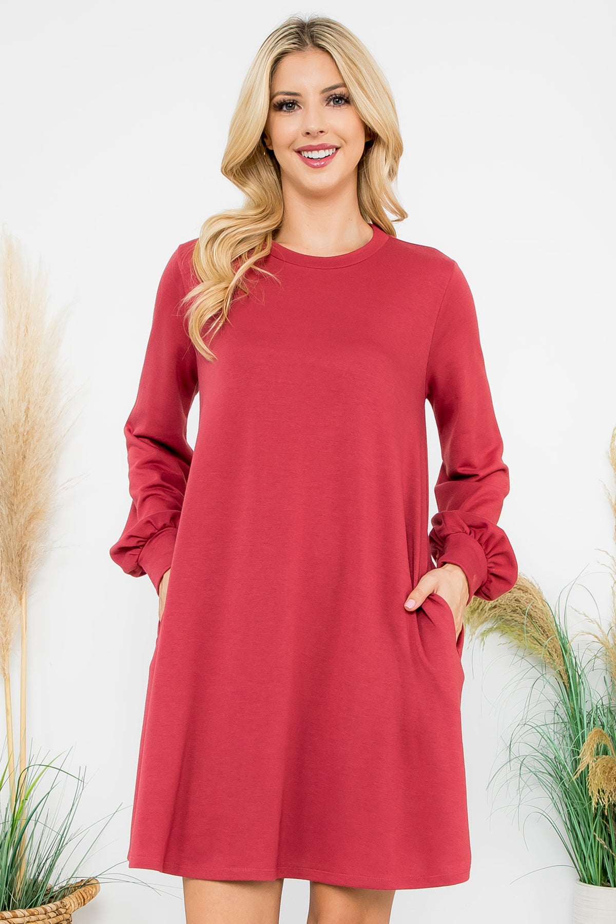 Long Sleeve Crew Neck Mini Dress with Pockets