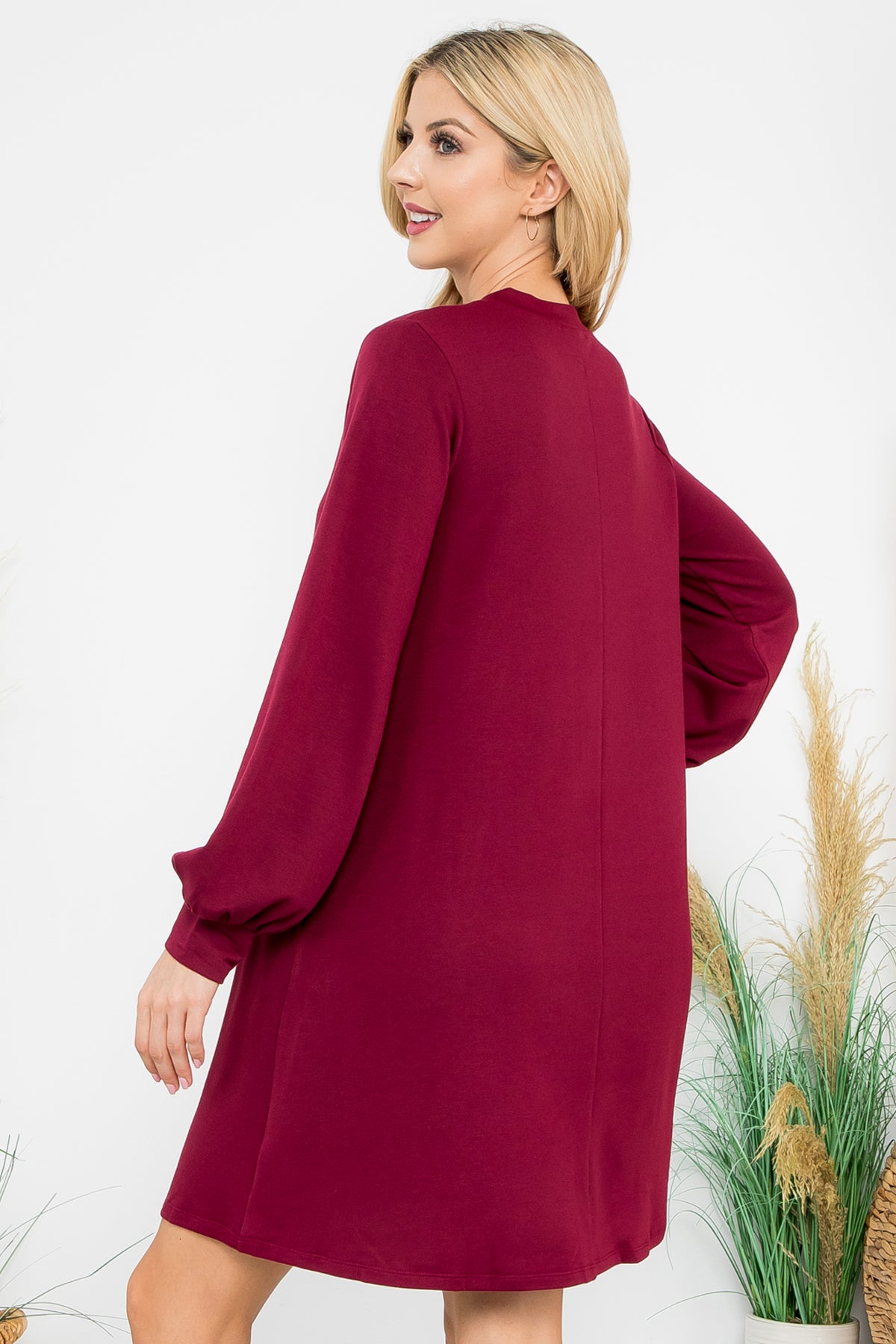 Long Sleeve Crew Neck Mini Dress with Pockets