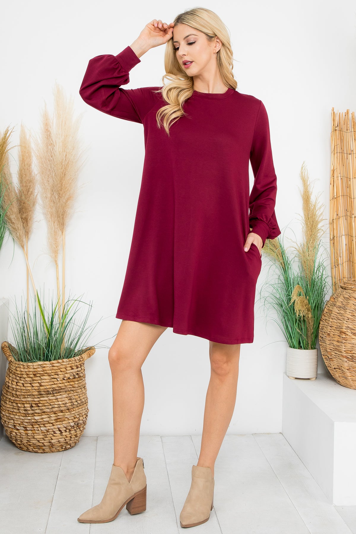 Long Sleeve Crew Neck Mini Dress with Pockets