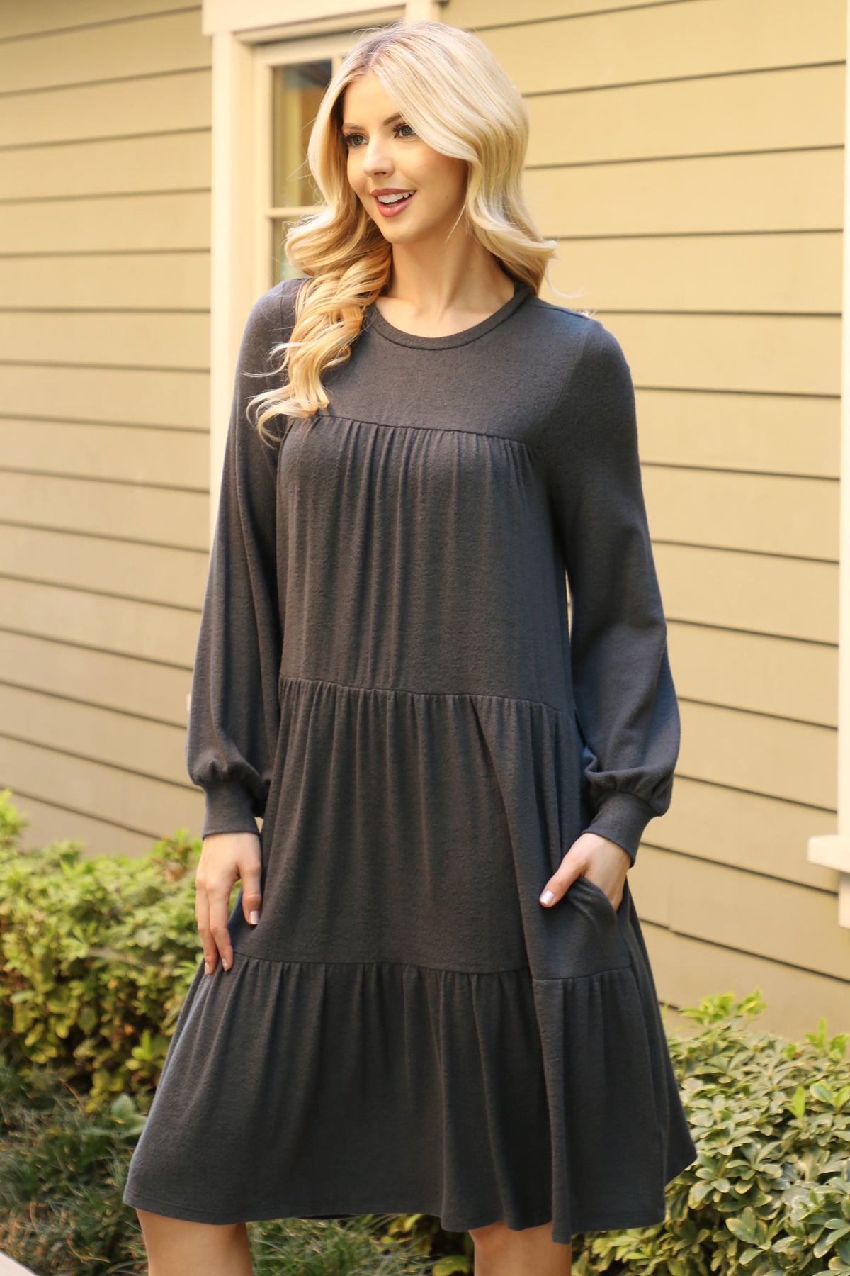 Long Sleeve Tiered Mini Dress with Pockets