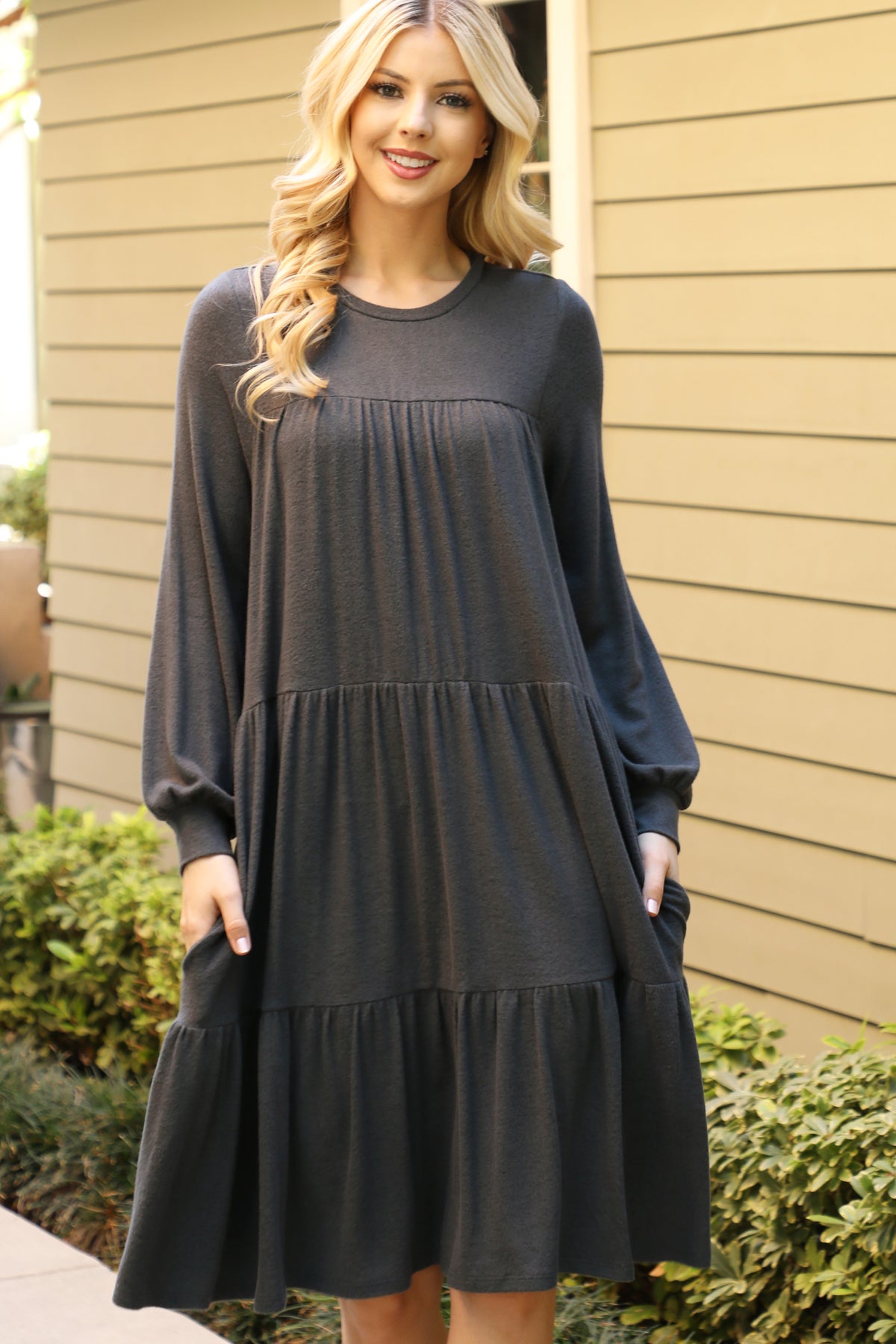 Long Sleeve Tiered Mini Dress with Pockets