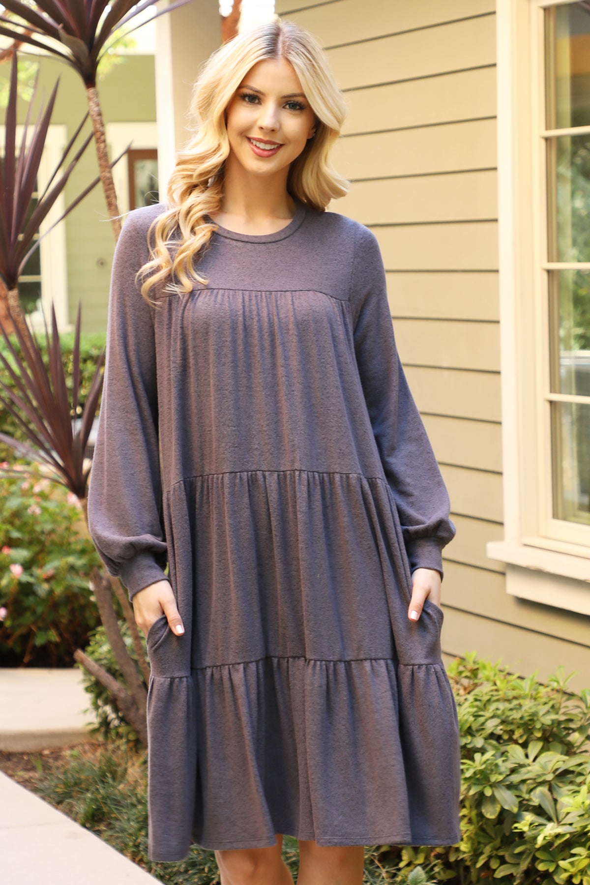 Long Sleeve Tiered Mini Dress with Pockets