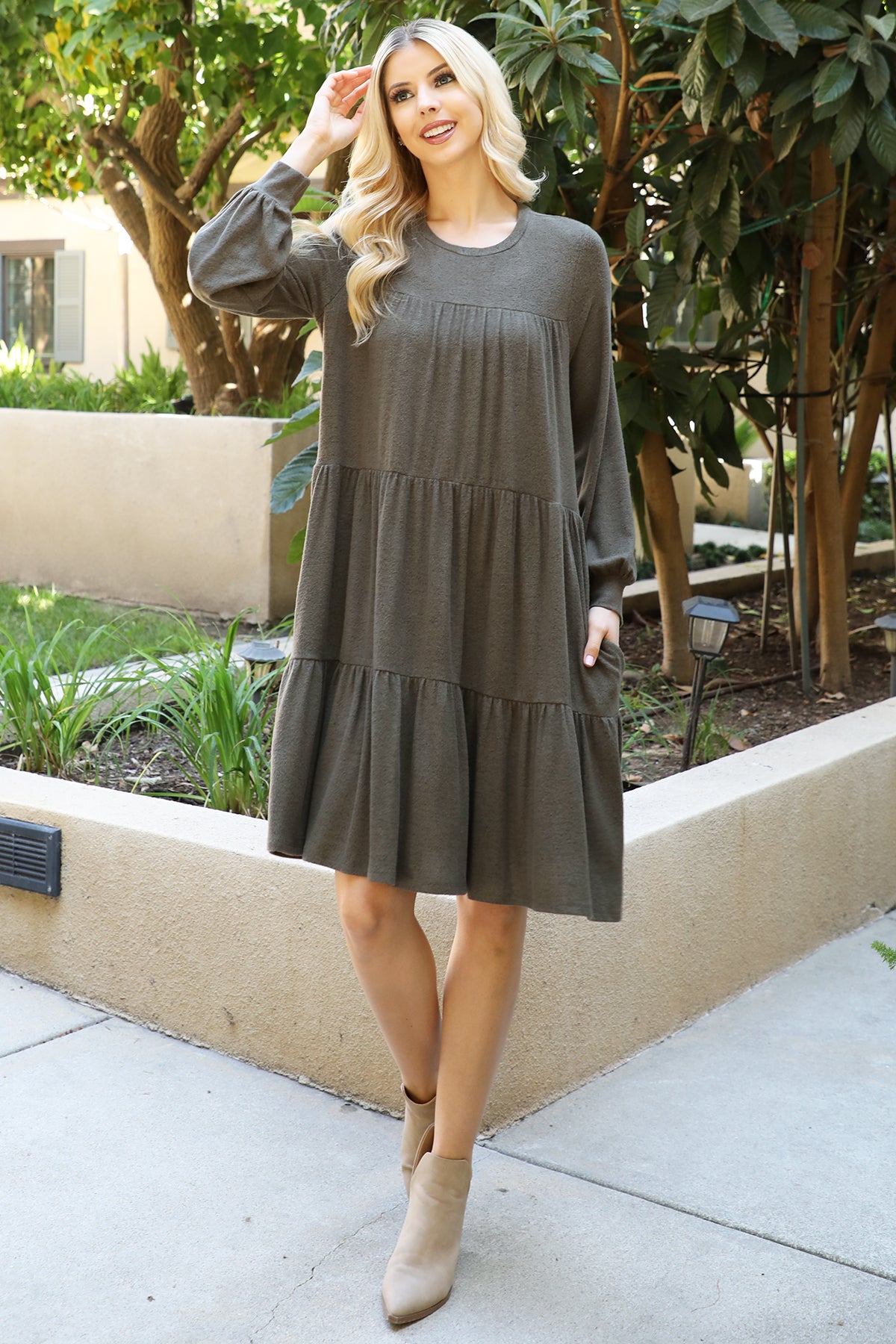 Long Sleeve Tiered Mini Dress with Pockets