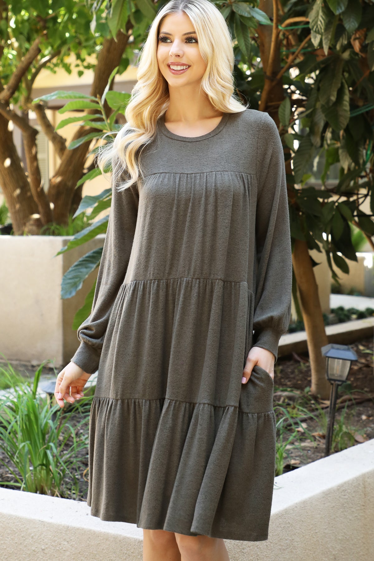 Long Sleeve Tiered Mini Dress with Pockets
