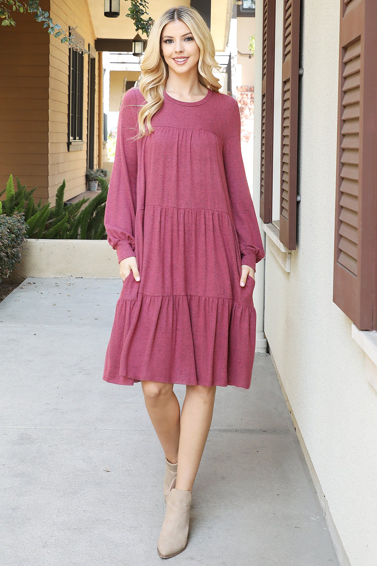 Long Sleeve Tiered Mini Dress with Pockets