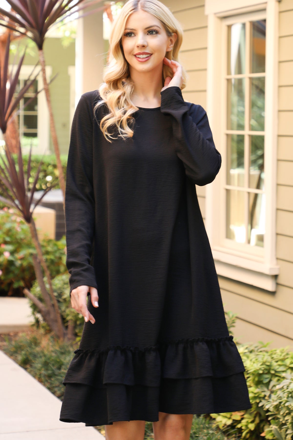 Long Sleeve Ruffle Hem Swing Dress
