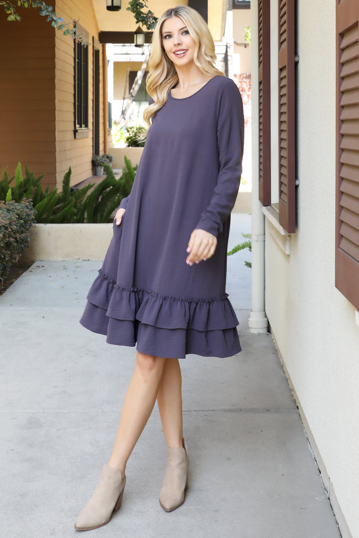 Long Sleeve Ruffle Hem Swing Dress