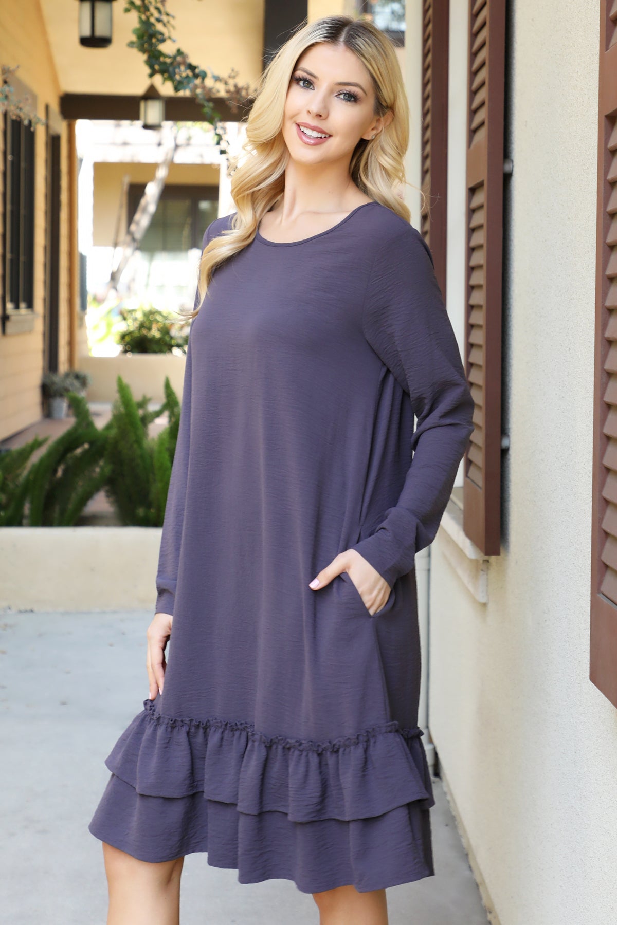 Long Sleeve Ruffle Hem Swing Dress