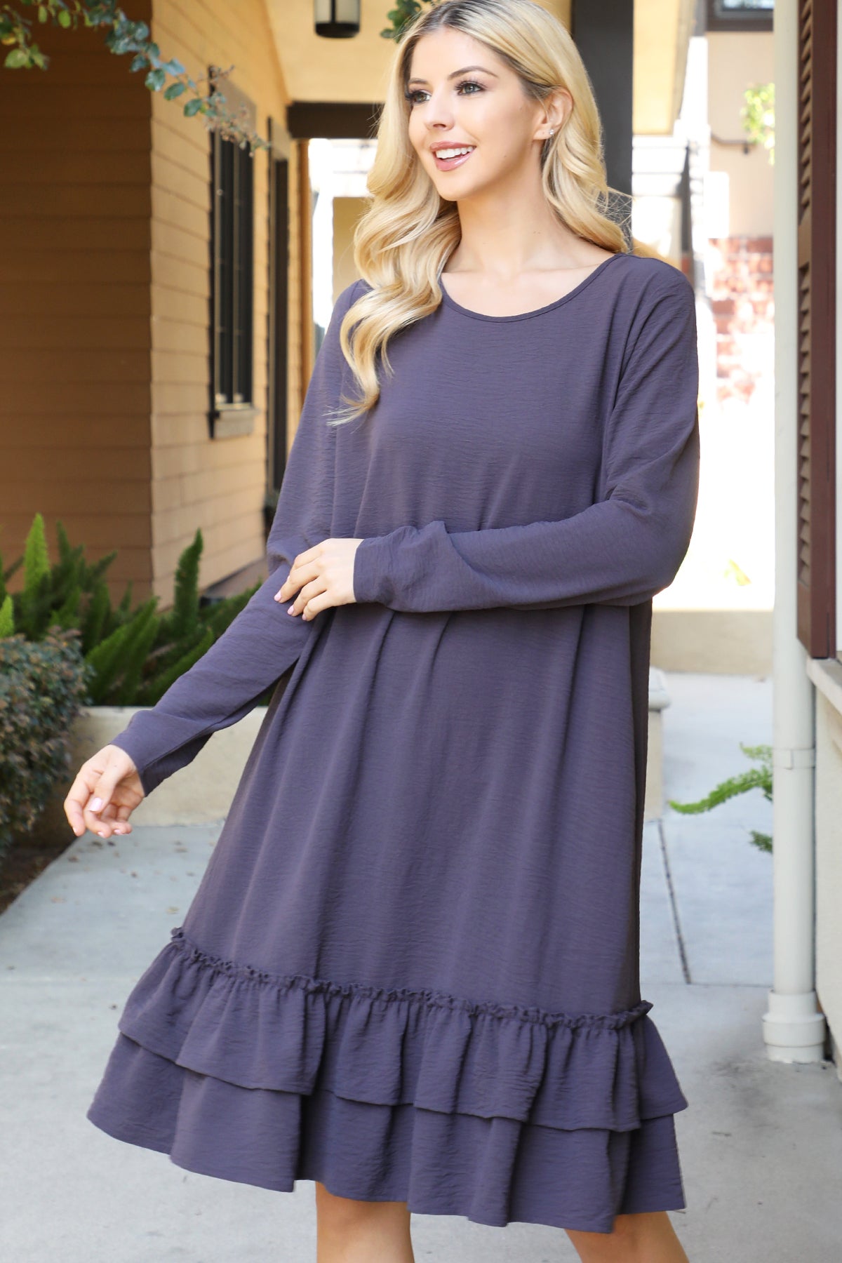 Long Sleeve Ruffle Hem Swing Dress