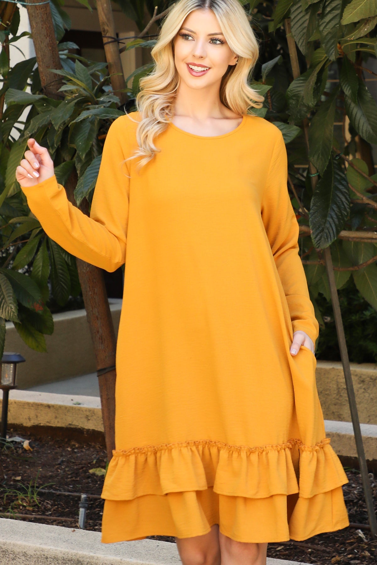 Long Sleeve Ruffle Hem Swing Dress