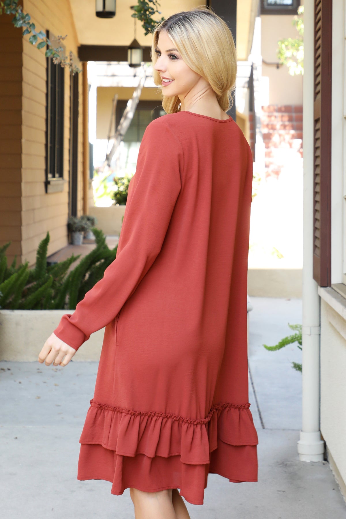 Long Sleeve Ruffle Hem Swing Dress