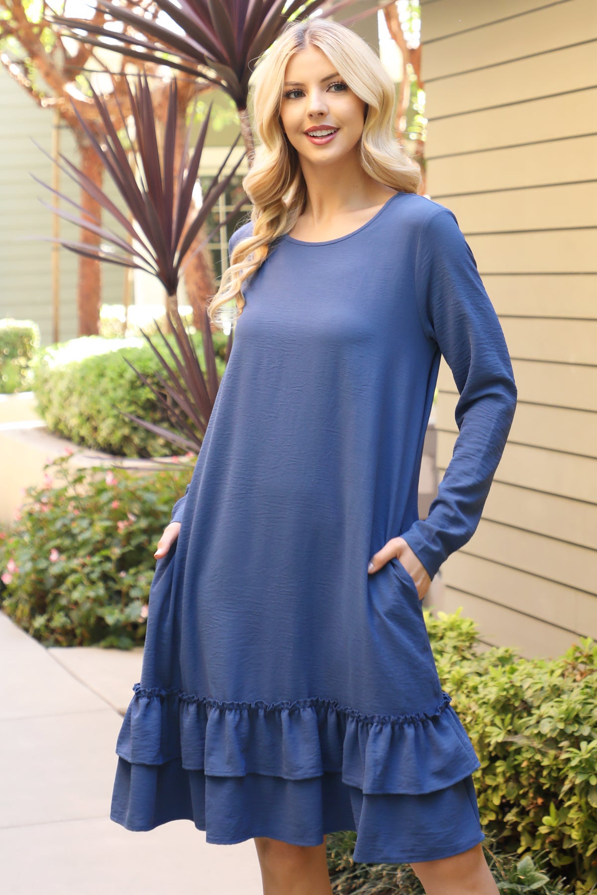 Long Sleeve Ruffle Hem Swing Dress