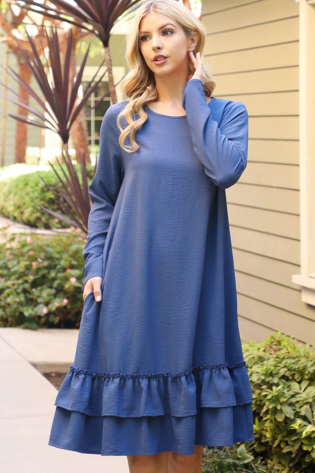Long Sleeve Ruffle Hem Swing Dress