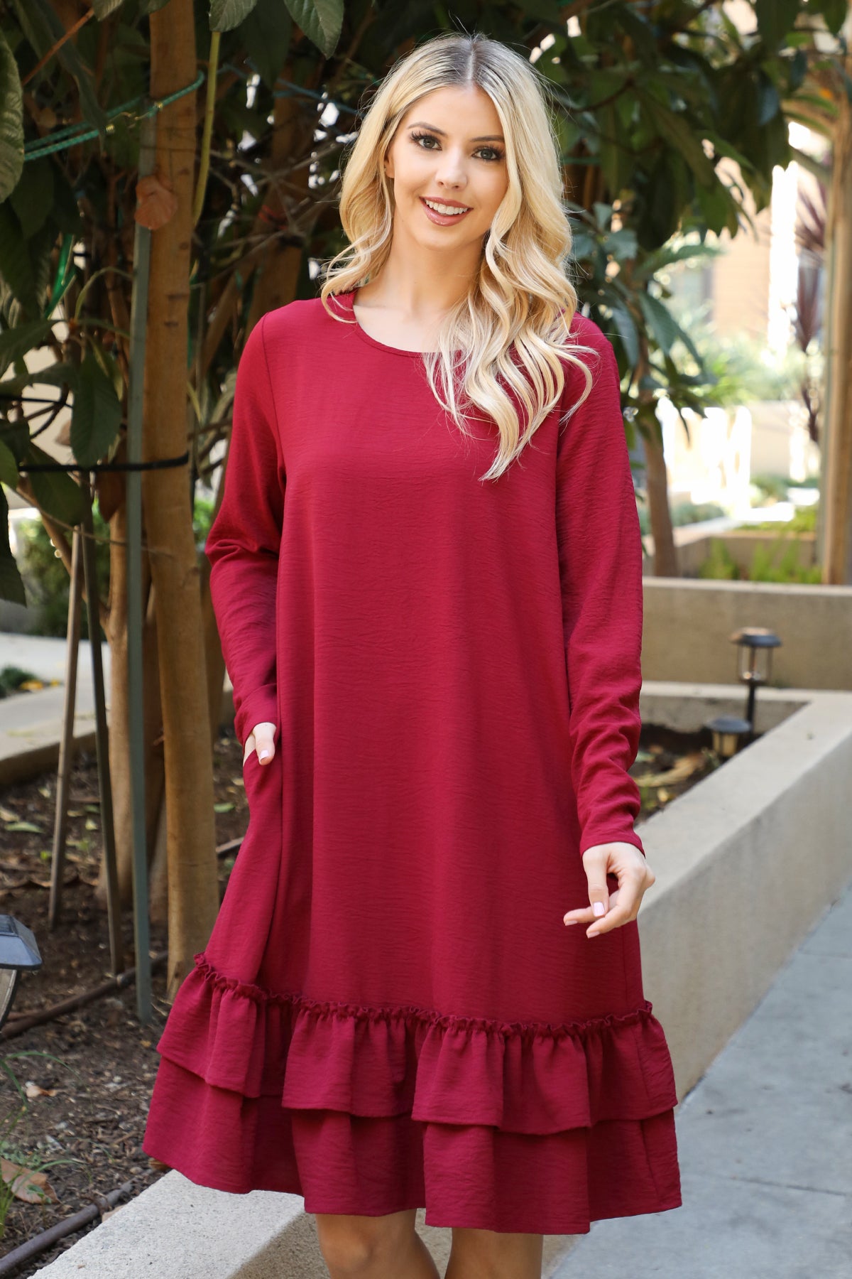 Long Sleeve Ruffle Hem Swing Dress