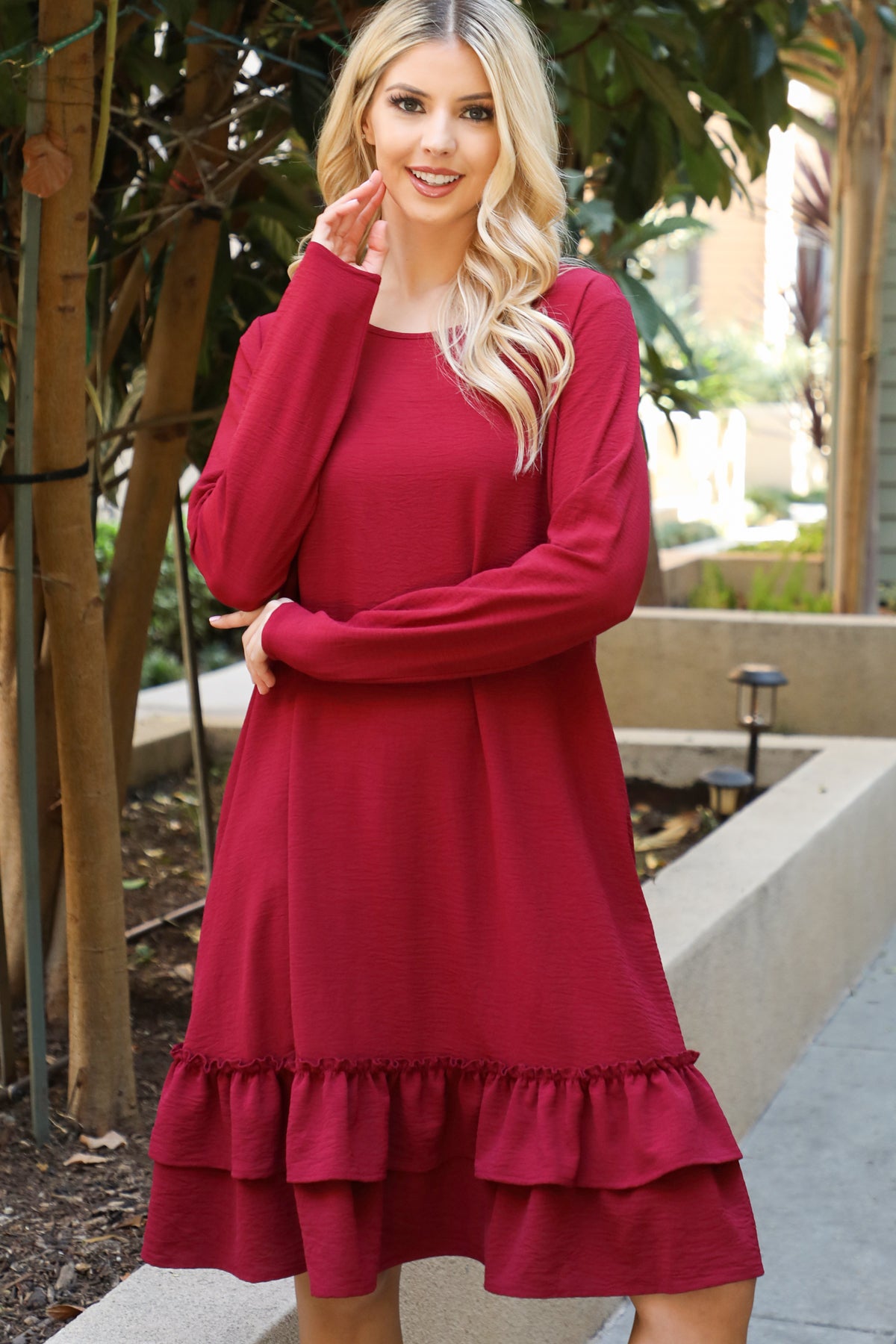Long Sleeve Ruffle Hem Swing Dress