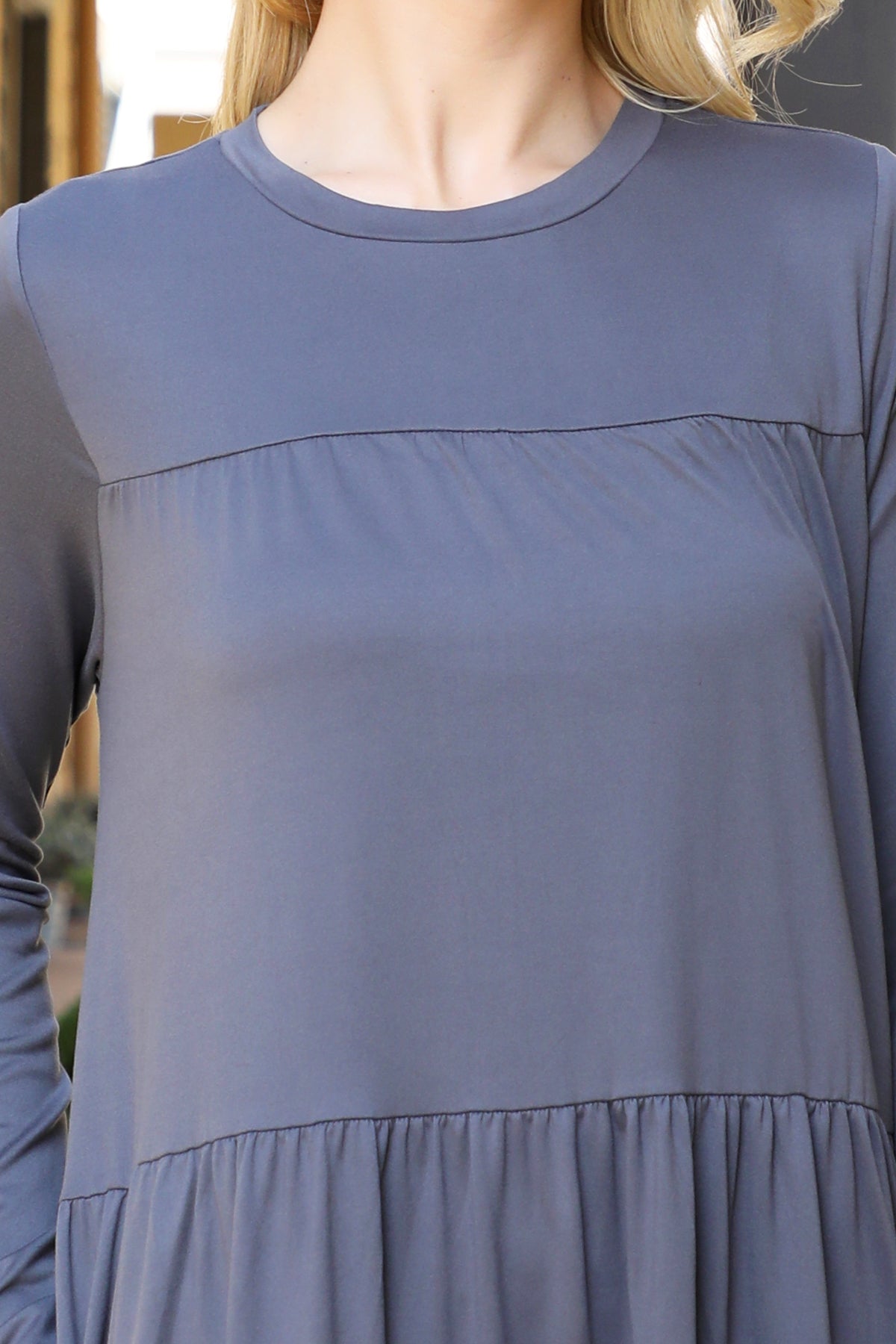 Long Sleeve Tiered Crew Neck Midi Dress