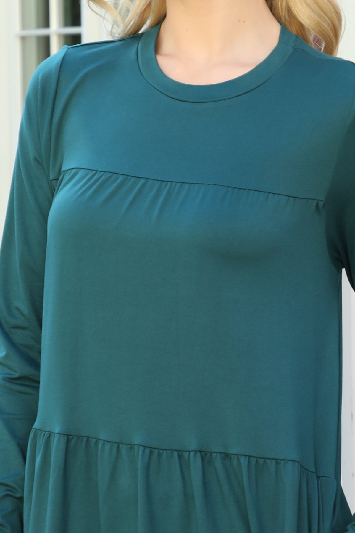 Long Sleeve Tiered Crew Neck Midi Dress