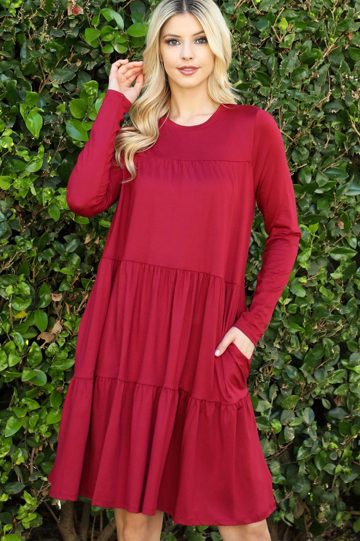 Long Sleeve Tiered Crew Neck Midi Dress