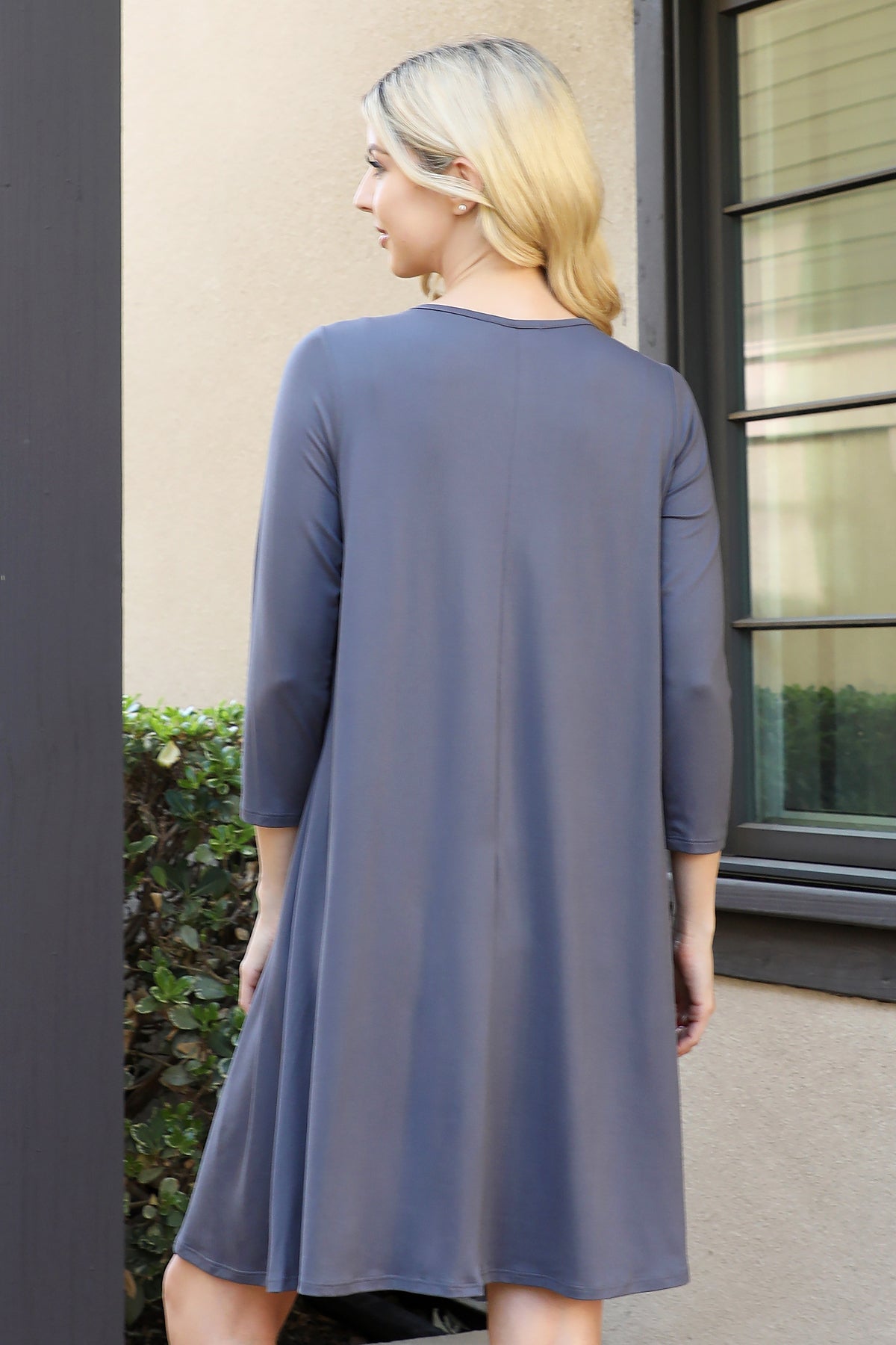 Quarter Sleeve Crew Neck Swing Dress
