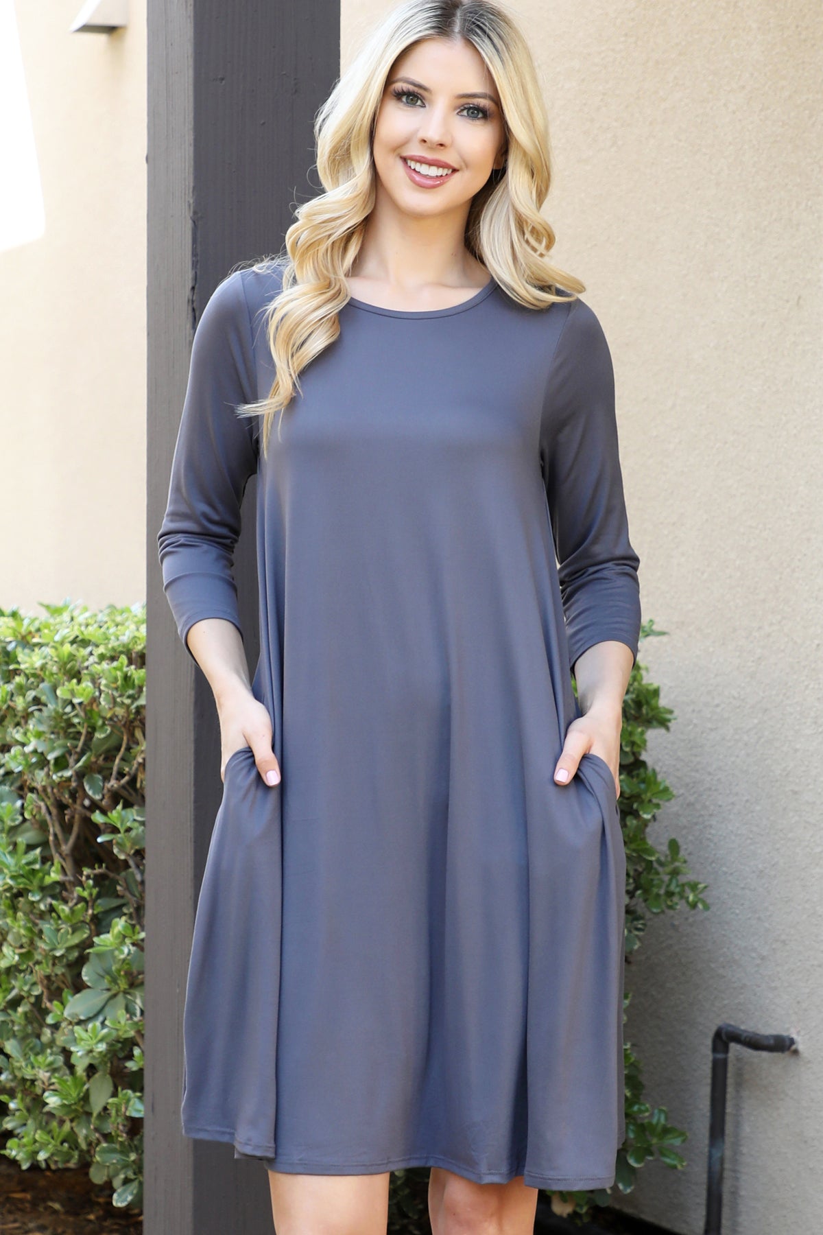 Quarter Sleeve Crew Neck Swing Dress