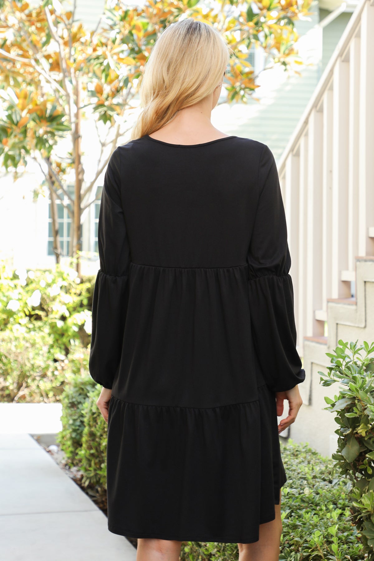 V-Neck Long Sleeve Babydoll Dress