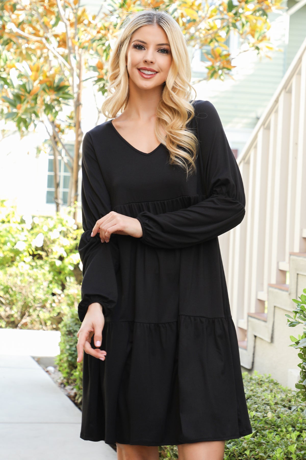 V-Neck Long Sleeve Babydoll Dress