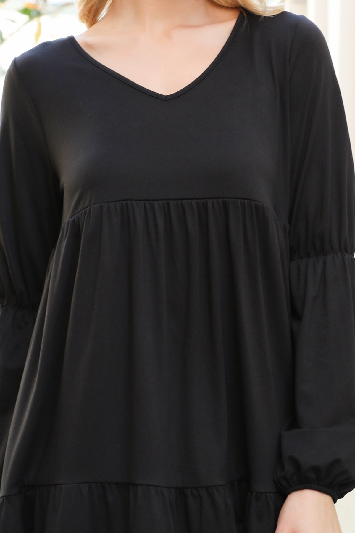 V-Neck Long Sleeve Babydoll Dress