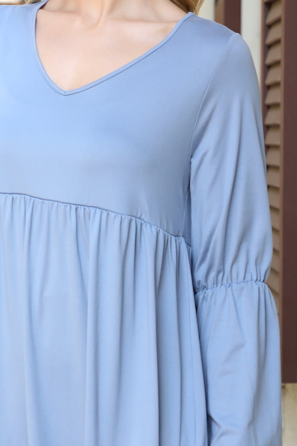 V-Neck Long Sleeve Babydoll Dress
