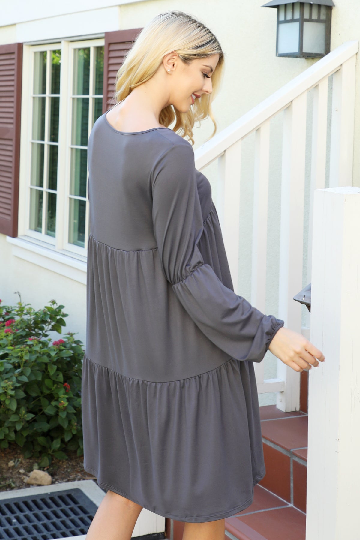 V-Neck Long Sleeve Babydoll Dress