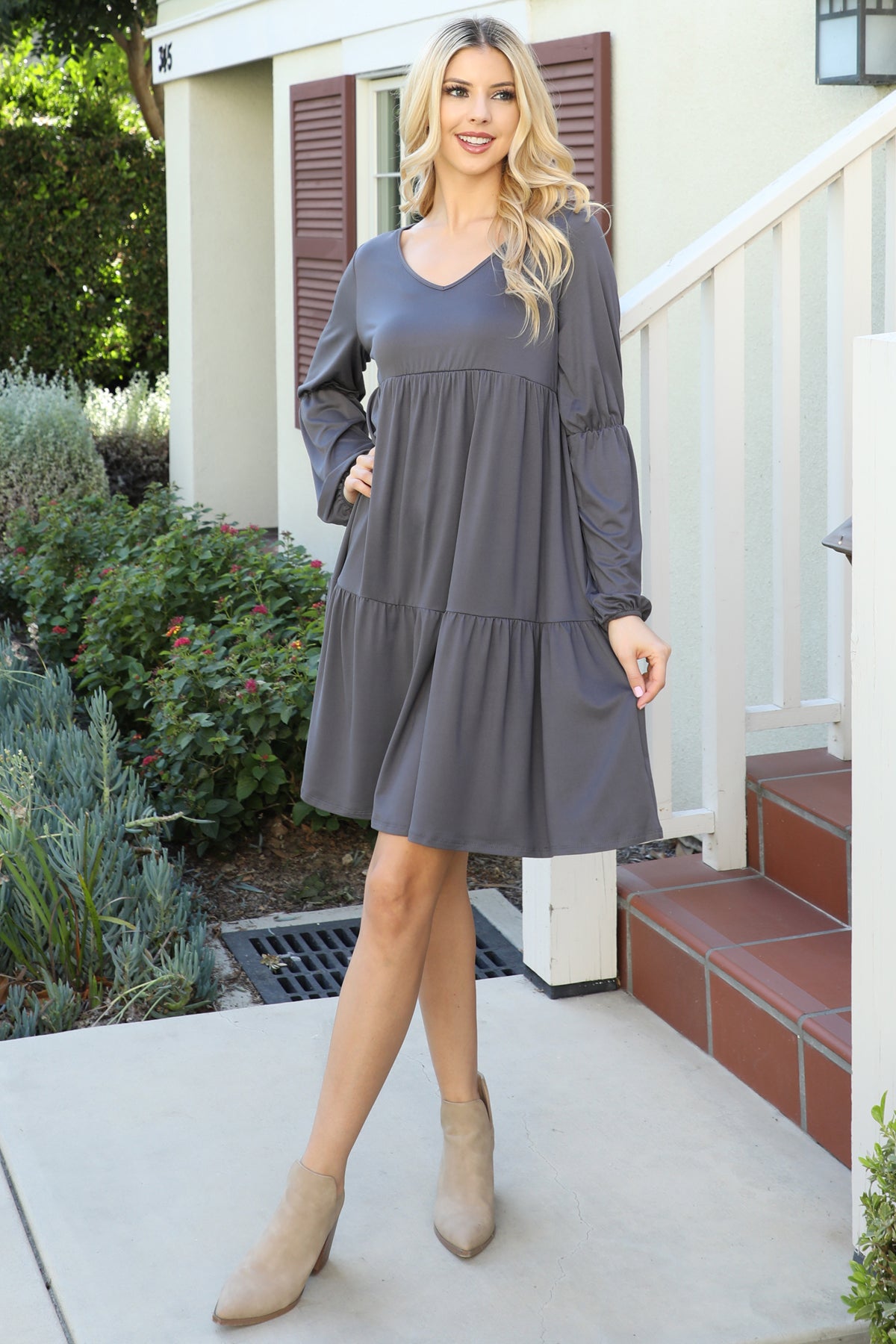 V-Neck Long Sleeve Babydoll Dress