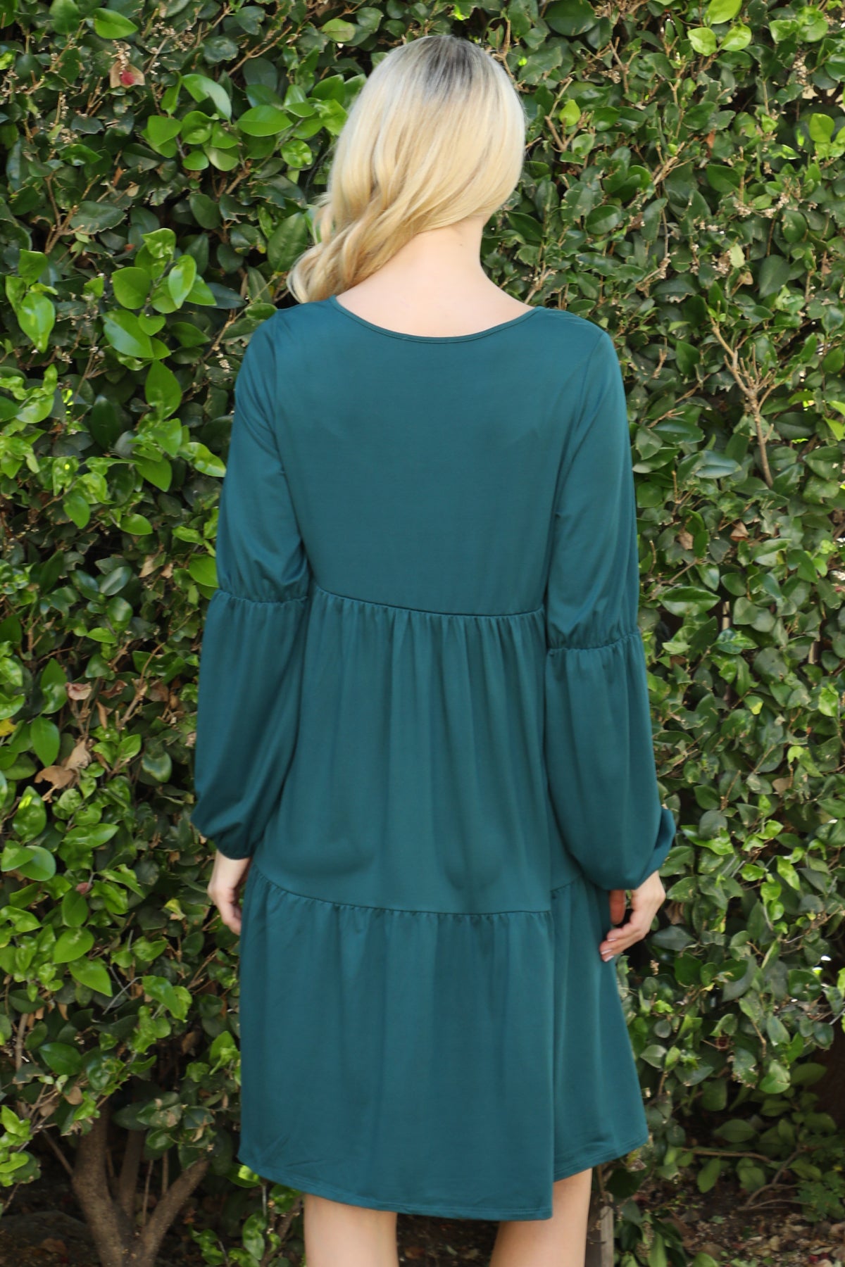 V-Neck Long Sleeve Babydoll Dress