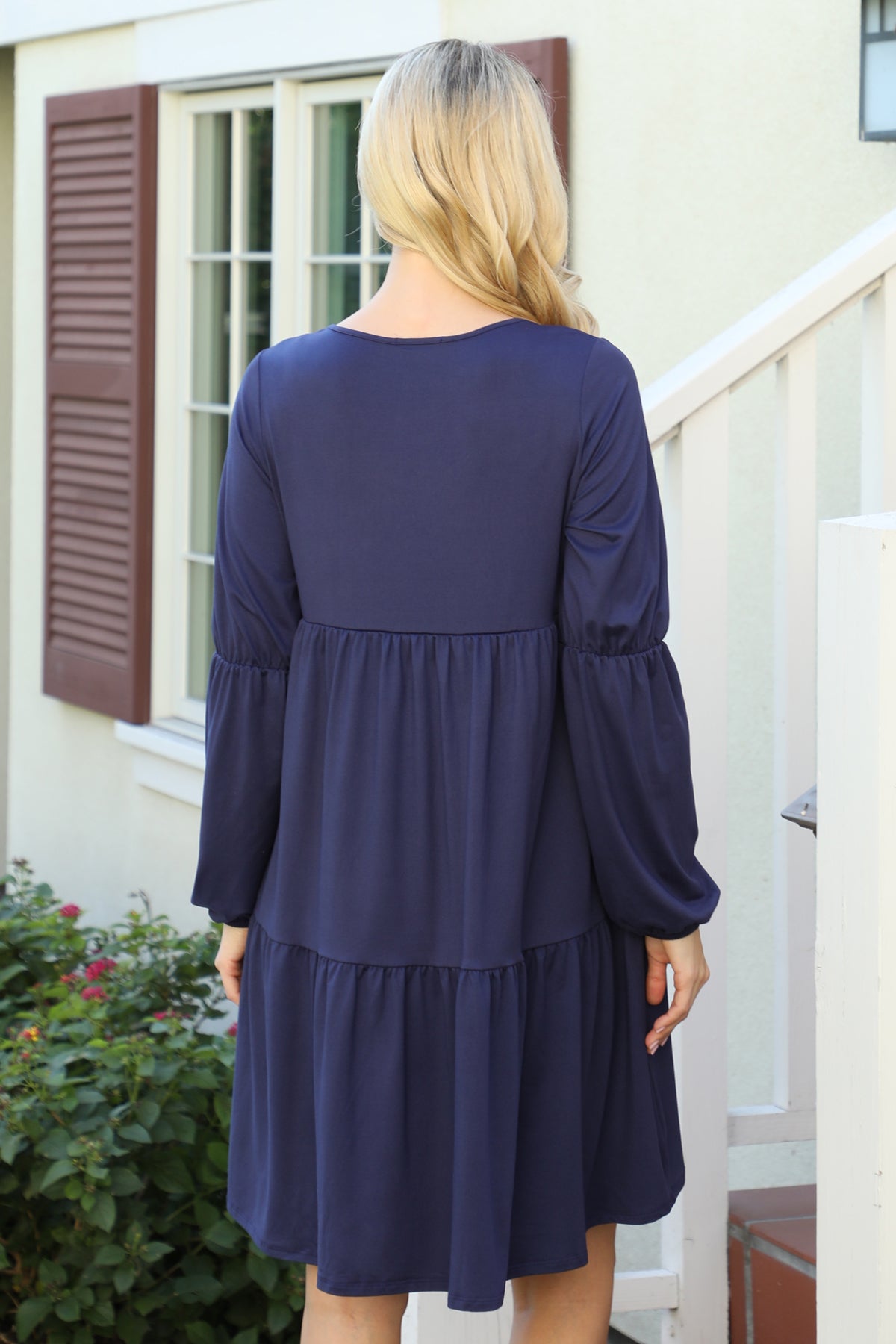 V-Neck Long Sleeve Babydoll Dress